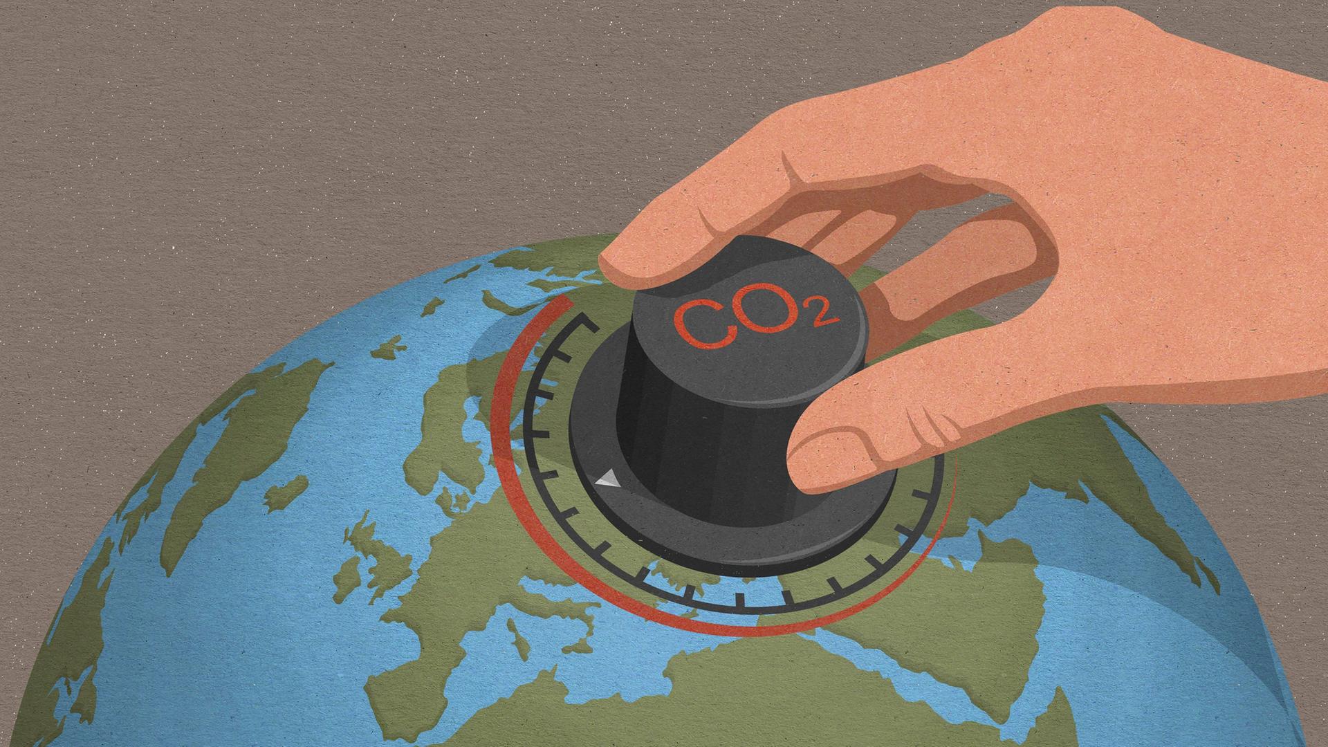 Illustration: Eine Hand dreht einen CO2-Regler an einem Globus.