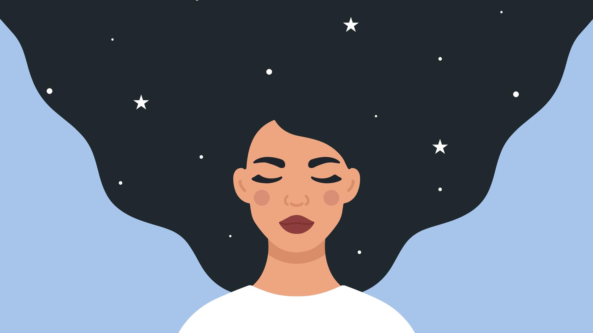 Illustration: Eine verträumte Frau mit offenen dunklen Haaren mit Sternen darin.