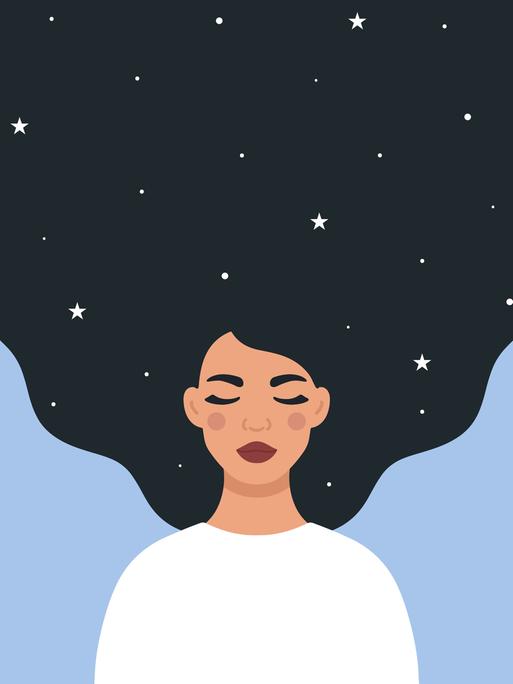 Illustration: Eine verträumte Frau mit offenen dunklen Haaren mit Sternen darin.