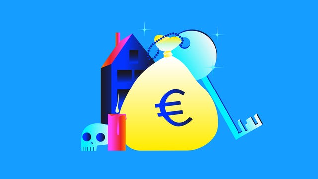 Illustration eines Geldsacks mit einem angehängten Schlüssel, dahinter steht ein Haus. Im Vordergrund ein Totenschädel und eine brennende Kerze.