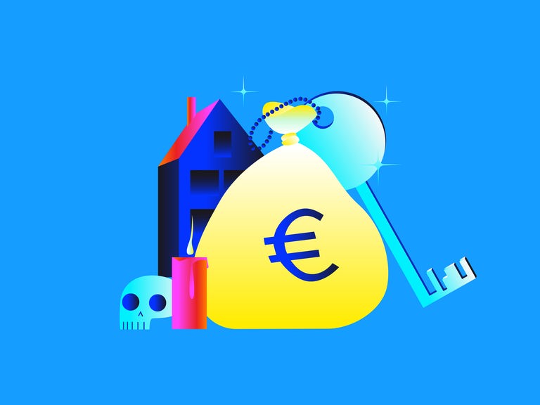 Illustration eines Geldsacks mit einem angehängten Schlüssel, dahinter steht ein Haus. Im Vordergrund ein Totenschädel und eine brennende Kerze.
