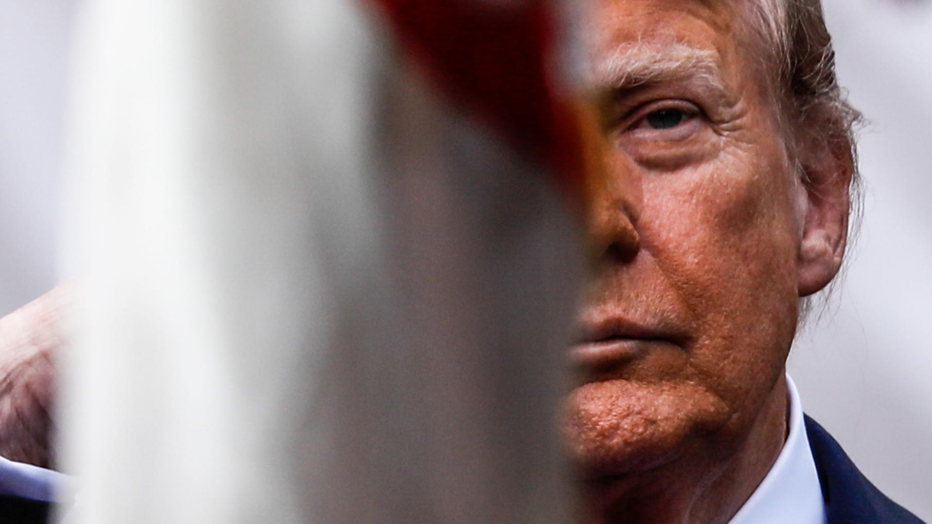 Porträt von Donald Trump. Die Hälfte seines Gesichts ist durch eine Flagge überdeckt.
