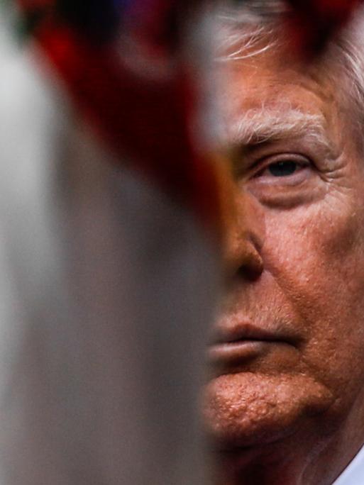 Porträt von Donald Trump. Die Hälfte seines Gesichts ist durch eine Flagge überdeckt. Porträt von Donald Trump. Die Hälfte seines Gesichts ist durch eine Flagge überdeckt.