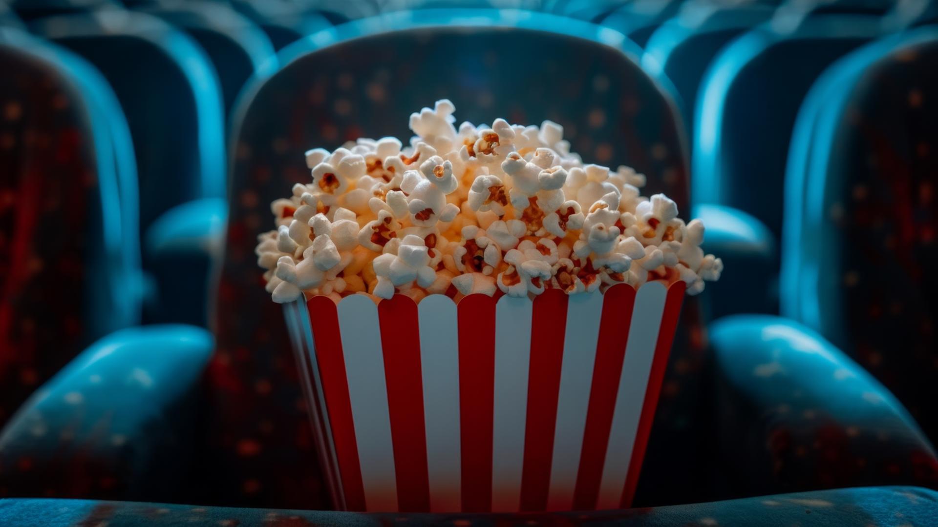 Auf dem Foto ist ein leerer Kino-Saal zu sehen. Auf einem Sitz steht ein Korb mit Popcorn. Auf dem Foto ist ein leerer Kino-Saal zu sehen. Auf einem Sitz steht ein Korb mit Popcorn.