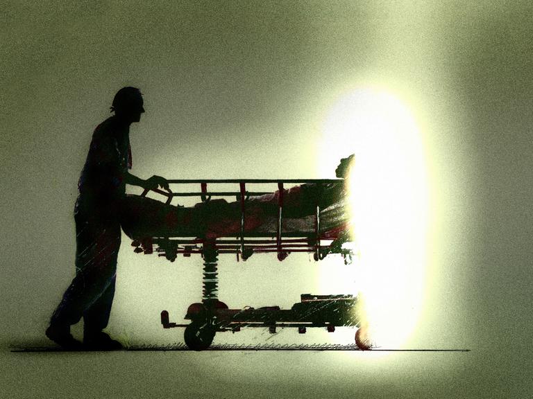 Illustration einer Person, die ein Krankenbett mit einer anderen Person in helles Licht schiebt.
