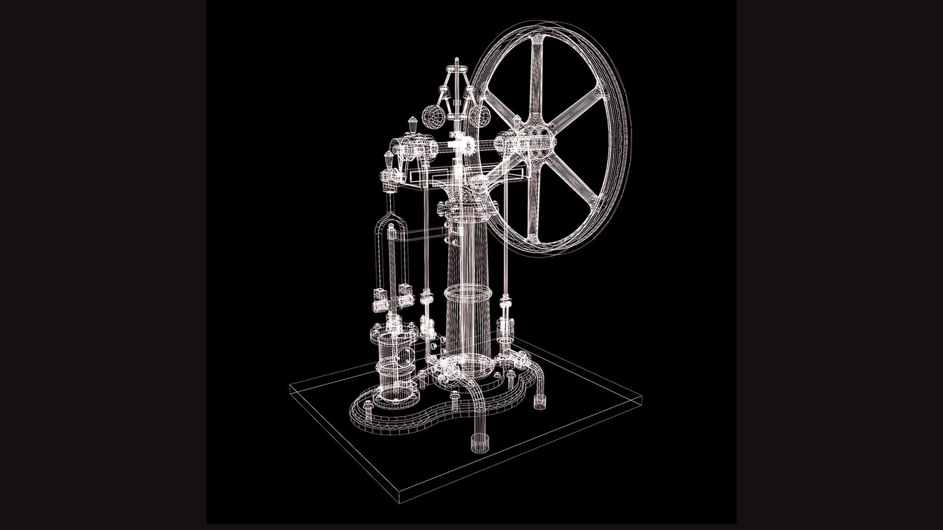 Illustration eines Perpetuum Mobile, der ewig beweglichen Maschine. Weiß auf schwarzem Grund.