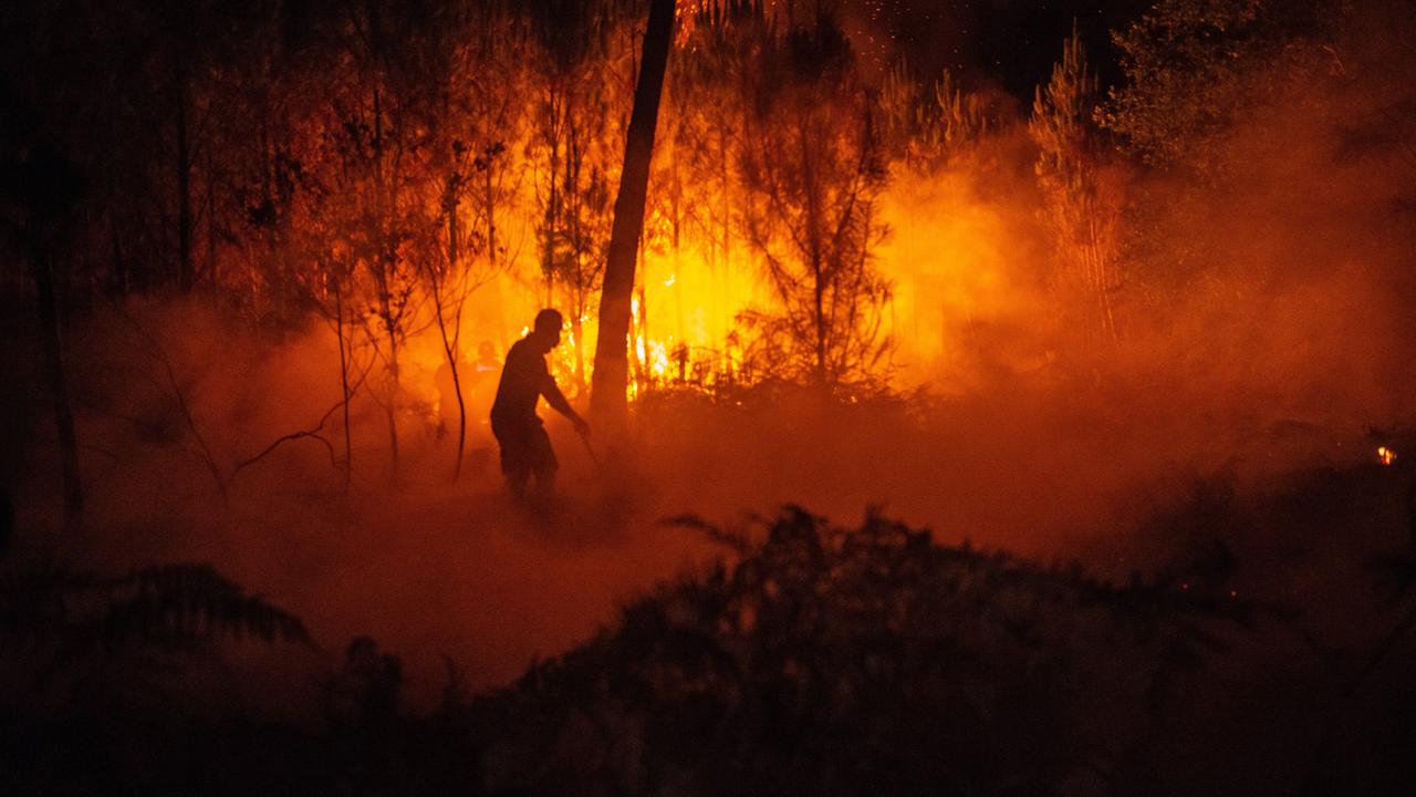 Ein Feuerwehrmann bekämpft einen Waldbrand in der Nacht. Hinter ihm lodert das Feuer.