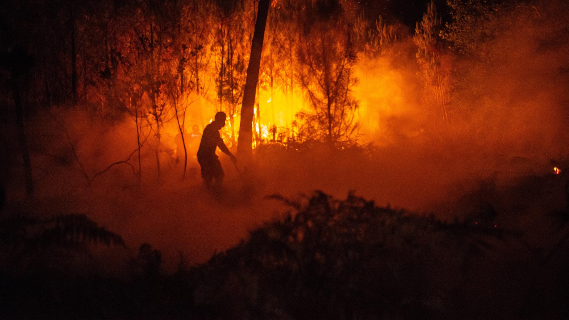 Ein Feuerwehrmann bekämpft einen Waldbrand in der Nacht. Hinter ihm lodert das Feuer. Ein Feuerwehrmann bekämpft einen Waldbrand in der Nacht. Hinter ihm lodert das Feuer.