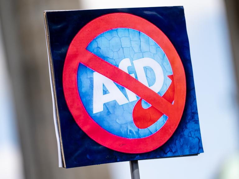 Eine Person hält am bundesweiten Aktionstag "Keine Ausreden mehr - AfD-Verbot jetzt!" am 11. Mai 2025 ein Schild mit einem durchgestrichenen Logo der AfD. 
