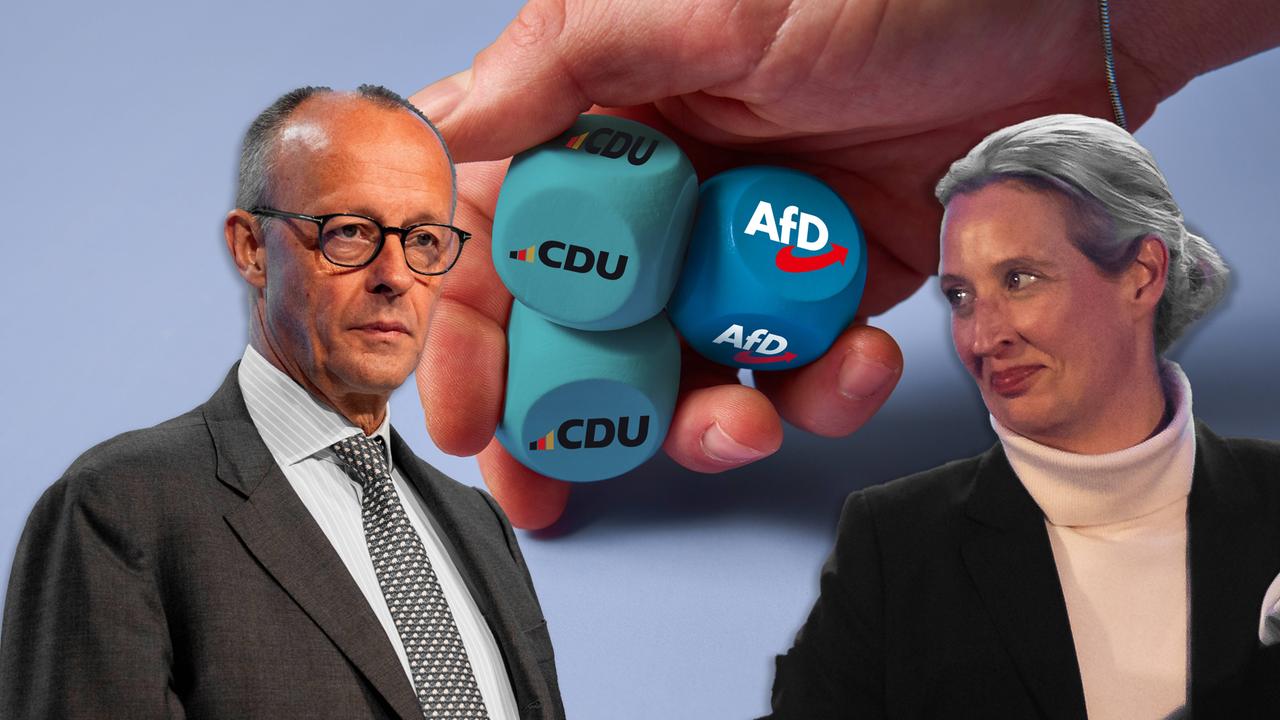 Eine Collage zeigt Würfel in einer Hand, die mit CDU und AFD beschriftet sind, daneben sind Bundeskanzler Friedrich Merz und die AfD-Spitzenpolitikerin Alice Weidel zu sehen Eine Collage zeigt Würfel in einer Hand, die mit CDU und AFD beschriftet sind, daneben sind Bundeskanzler Friedrich Merz und die AfD-Spitzenpolitikerin Alice Weidel zu sehen