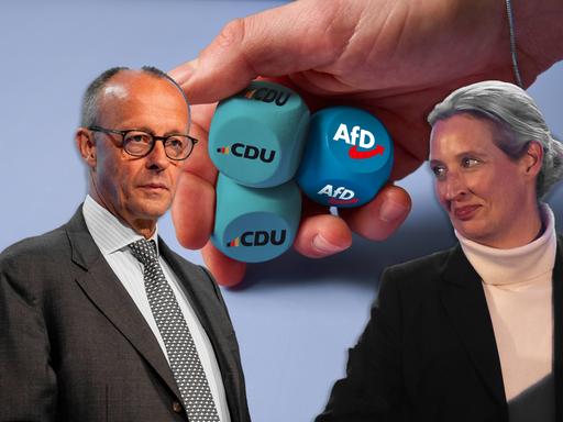 Eine Collage zeigt Würfel in einer Hand, die mit CDU und AFD beschriftet sind, daneben sind Bundeskanzler Friedrich Merz und die AfD-Spitzenpolitikerin Alice Weidel zu sehen