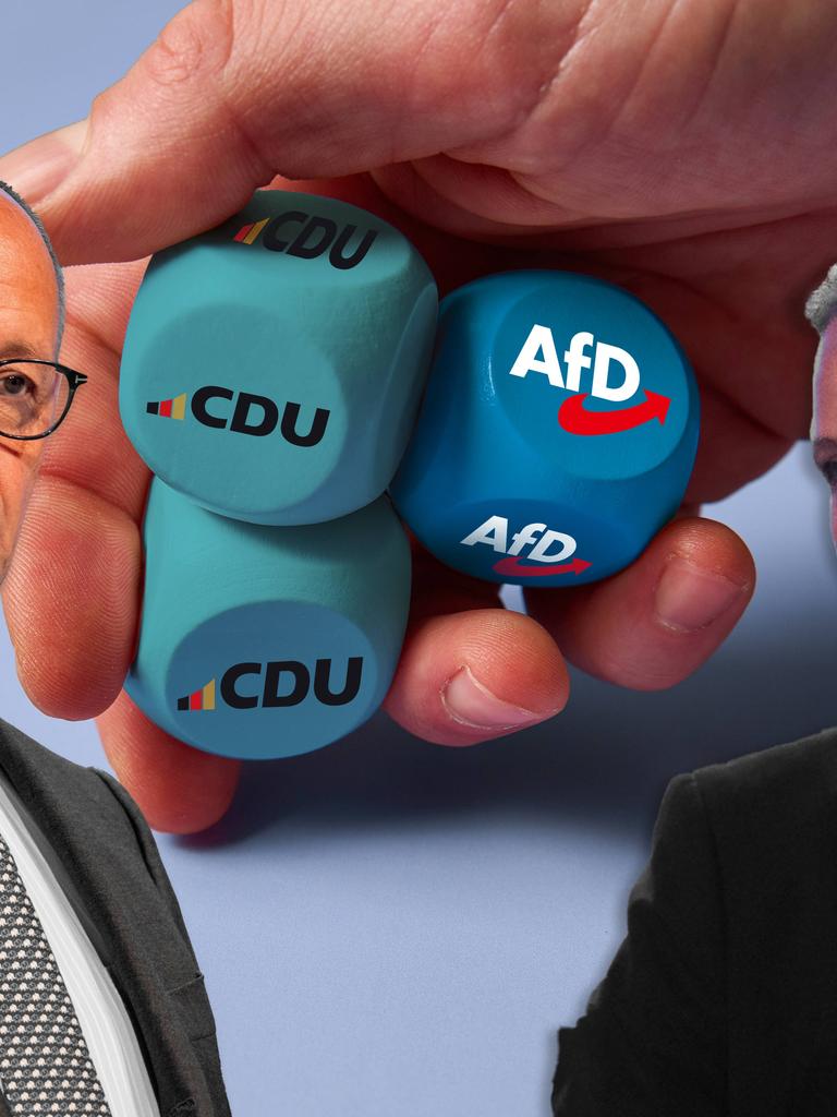 Eine Collage zeigt Würfel in einer Hand, die mit CDU und AFD beschriftet sind, daneben sind Bundeskanzler Friedrich Merz und die AfD-Spitzenpolitikerin Alice Weidel zu sehen