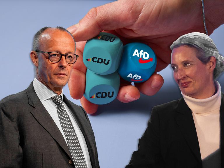 Eine Collage zeigt Würfel in einer Hand, die mit CDU und AFD beschriftet sind, daneben sind Bundeskanzler Friedrich Merz und die AfD-Spitzenpolitikerin Alice Weidel zu sehen