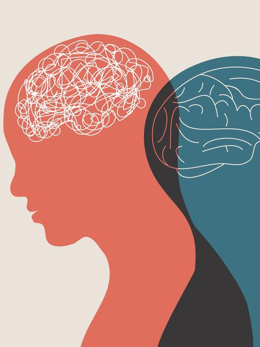 Eine künstlerische Darstellung zeigt zwei Personen Rücken an Rücken aneinander stehend – mit Fokus auf den Kopf. Zudem sind Gehirnaktivitäten grafisch angedeutet. Eine künstlerische Metapher für bipolare Störungen. Eine künstlerische Darstellung zeigt zwei Personen Rücken an Rücken aneinander stehend – mit Fokus auf den Kopf. Zudem sind Gehirnaktivitäten grafisch angedeutet. Eine künstlerische Metapher für bipolare Störungen.