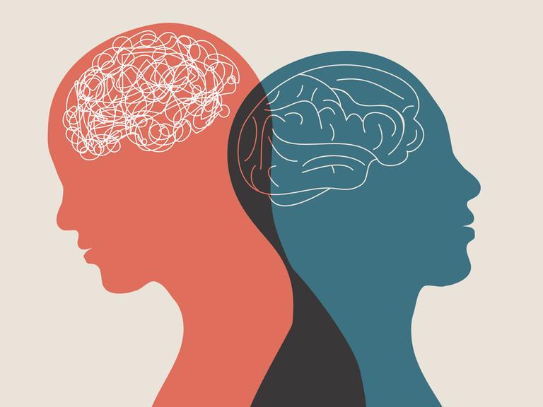 Eine künstlerische Darstellung zeigt zwei Personen Rücken an Rücken aneinander stehend – mit Fokus auf den Kopf. Zudem sind Gehirnaktivitäten grafisch angedeutet. Eine künstlerische Metapher für bipolare Störungen. Eine künstlerische Darstellung zeigt zwei Personen Rücken an Rücken aneinander stehend – mit Fokus auf den Kopf. Zudem sind Gehirnaktivitäten grafisch angedeutet. Eine künstlerische Metapher für bipolare Störungen.