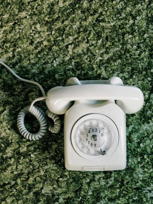 Altes Telefon mit Wählscheibe auf einem flauschigen grünenTeppich.