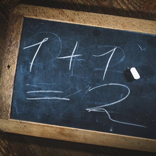 Eine kleine Kreidetafel, auf der steht: 1 +1 = 2. Ein Stück Kreide liegt darauf.