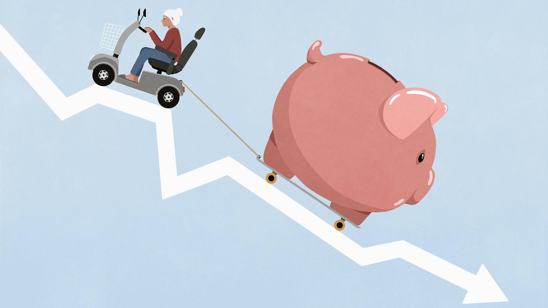 Illustration: Eine alte Frau im Rollator fährt auf einer Abwärtskurve und zieht ein Sparschwein hinter sich  her