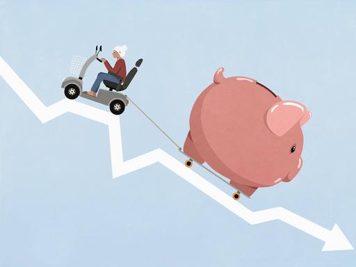 Illustration: Eine alte Frau im Rollator fährt auf einer Abwärtskurve und zieht ein Sparschwein hinter sich her Illustration: Eine alte Frau im Rollator fährt auf einer Abwärtskurve und zieht ein Sparschwein hinter sich her
