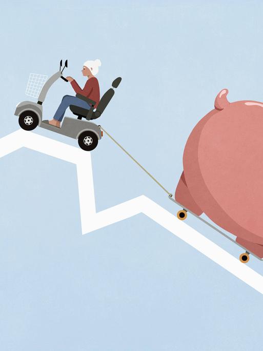 Illustration: Eine alte Frau im Rollator fährt auf einer Abwärtskurve und zieht ein Sparschwein hinter sich  her