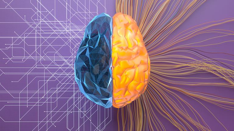 3D-Illustration eines Gehirns auf violettem Untergrund