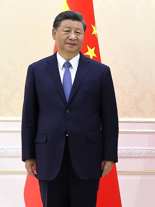 Xi Jinping und Wladimir Putin vor ihren Landesflaggen
