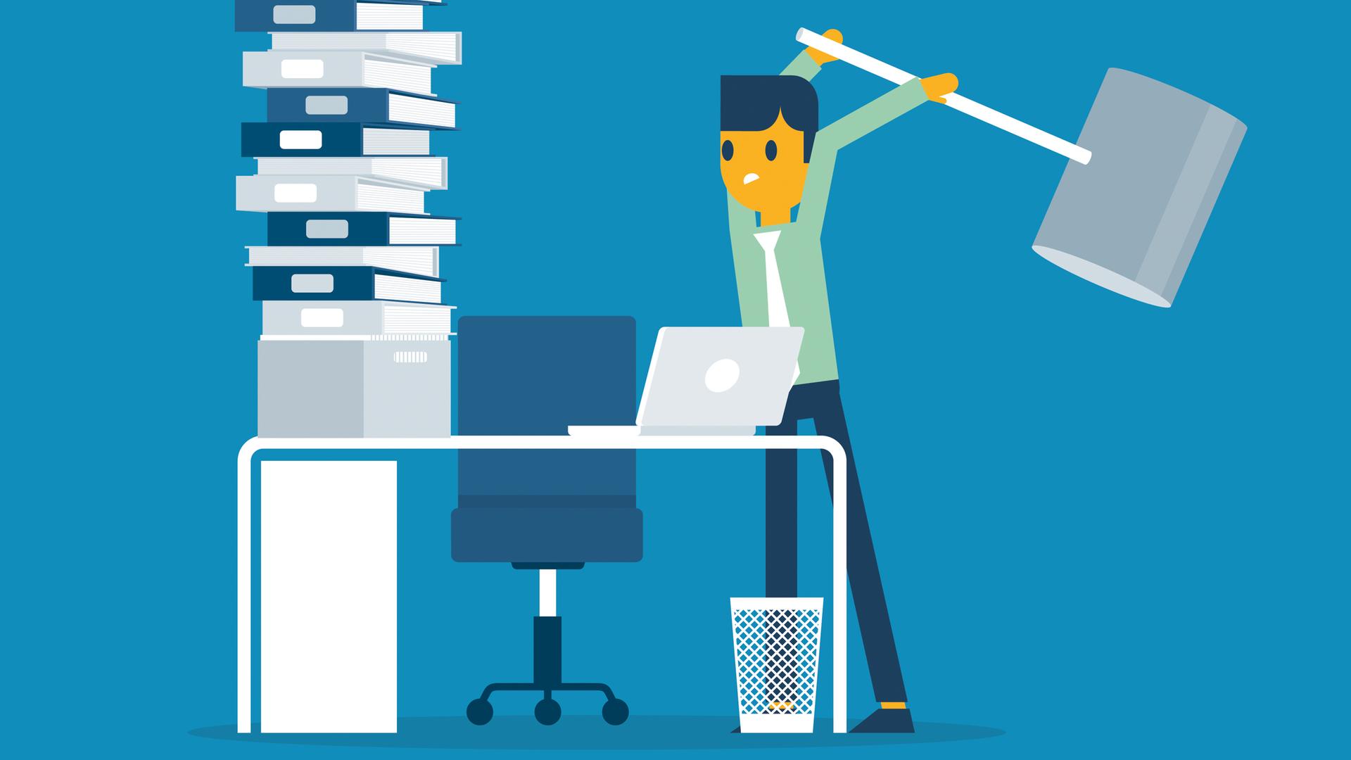 Illustration einer Person, die einen überdimensional großen Hammer in der Luft hält und ihn auf einen Schreibtisch überfüllt mit Akten schlagen will. Illustration einer Person, die einen überdimensional großen Hammer in der Luft hält und ihn auf einen Schreibtisch überfüllt mit Akten schlagen will.