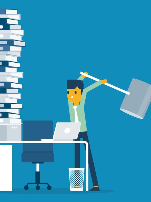 Illustration einer Person, die einen überdimensional großen Hammer in der Luft hält und ihn auf einen Schreibtisch überfüllt mit Akten schlagen will.