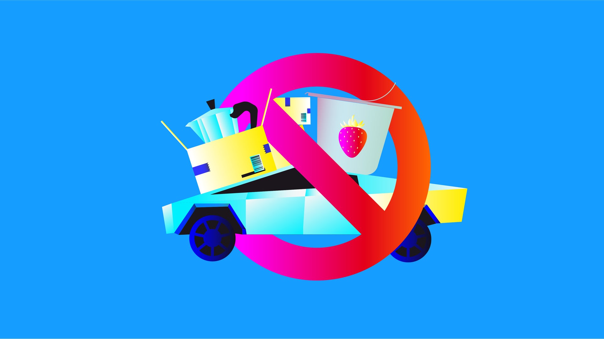 Illustration eines Verbotszeichens, aus dem teilweise ein Tesla, ein Joghurtbecher, ein Paket und eine Espressokanne hervorschauen. Illustration eines Verbotszeichens, aus dem teilweise ein Tesla, ein Joghurtbecher, ein Paket und eine Espressokanne hervorschauen.