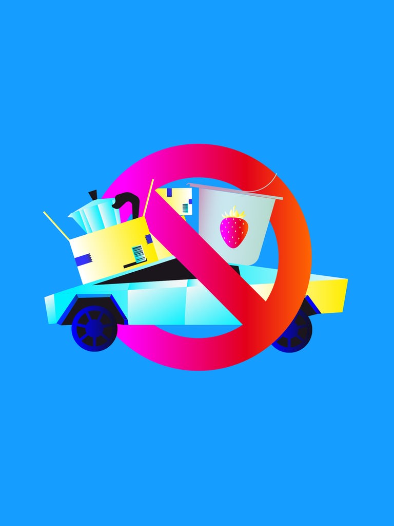Illustration eines Verbotszeichens, aus dem teilweise ein Tesla, ein Joghurtbecher, ein Paket und eine Espressokanne hervorschauen. Illustration eines Verbotszeichens, aus dem teilweise ein Tesla, ein Joghurtbecher, ein Paket und eine Espressokanne hervorschauen.