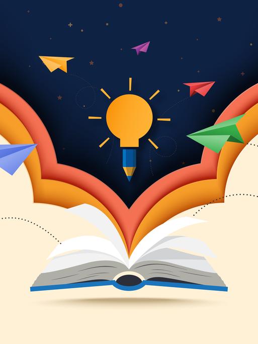 Illustration aus einem Papierschnitt: zu sehen ist ein aufgeschlagenes Buch, über demPapierflieger und eine Glühbürne als Symbole für Lernen und Bildung schweben.
