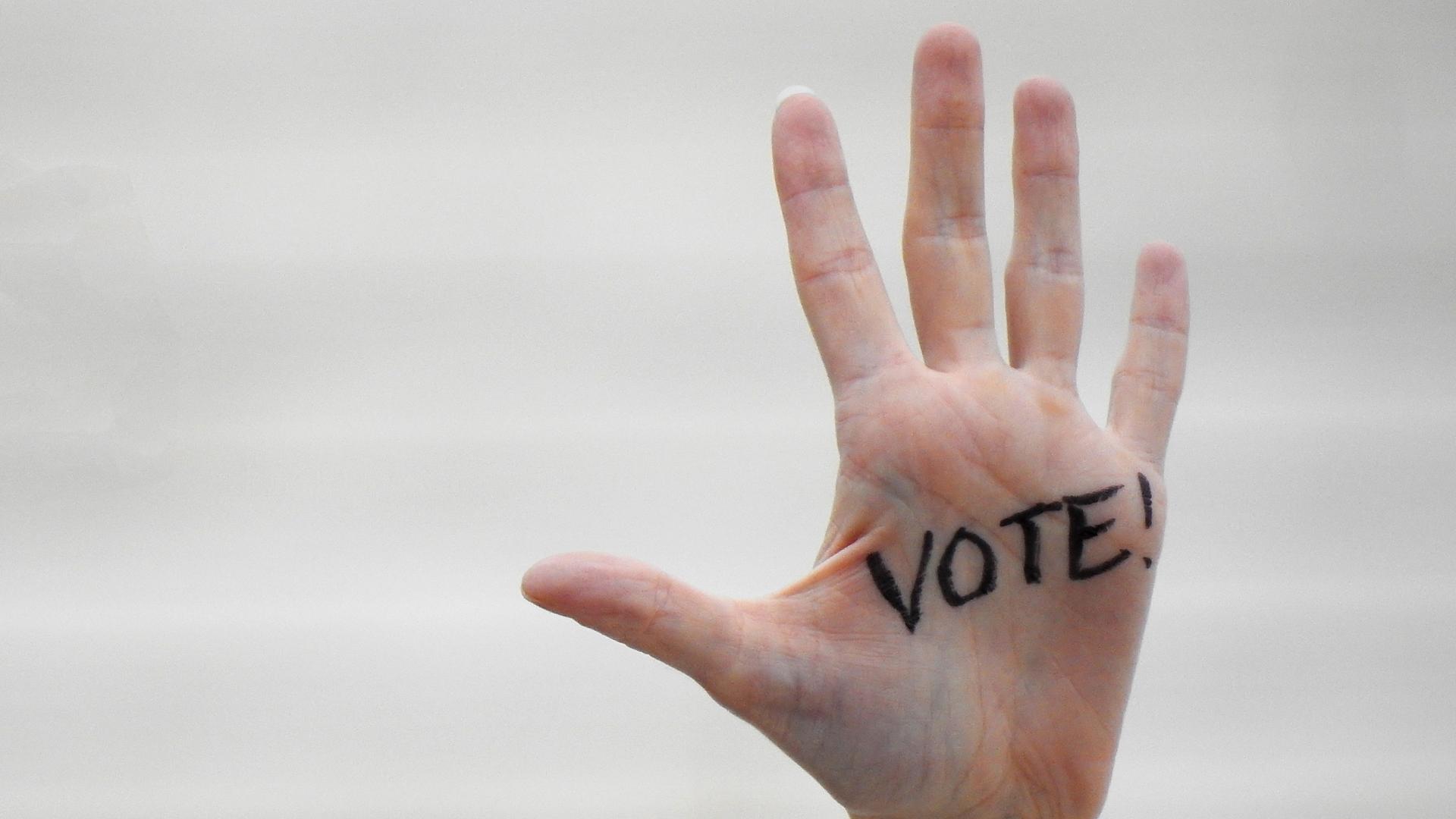 Eine ausgestrecke Hand wird in Großaufnahme gezeigt. Auf der Handinnenfläche ist in schwarzer Schrift "Vote" draufgeschrieben.