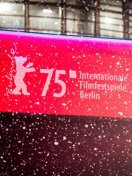 Schnee fällt vor dem Berlinale-Logo. 