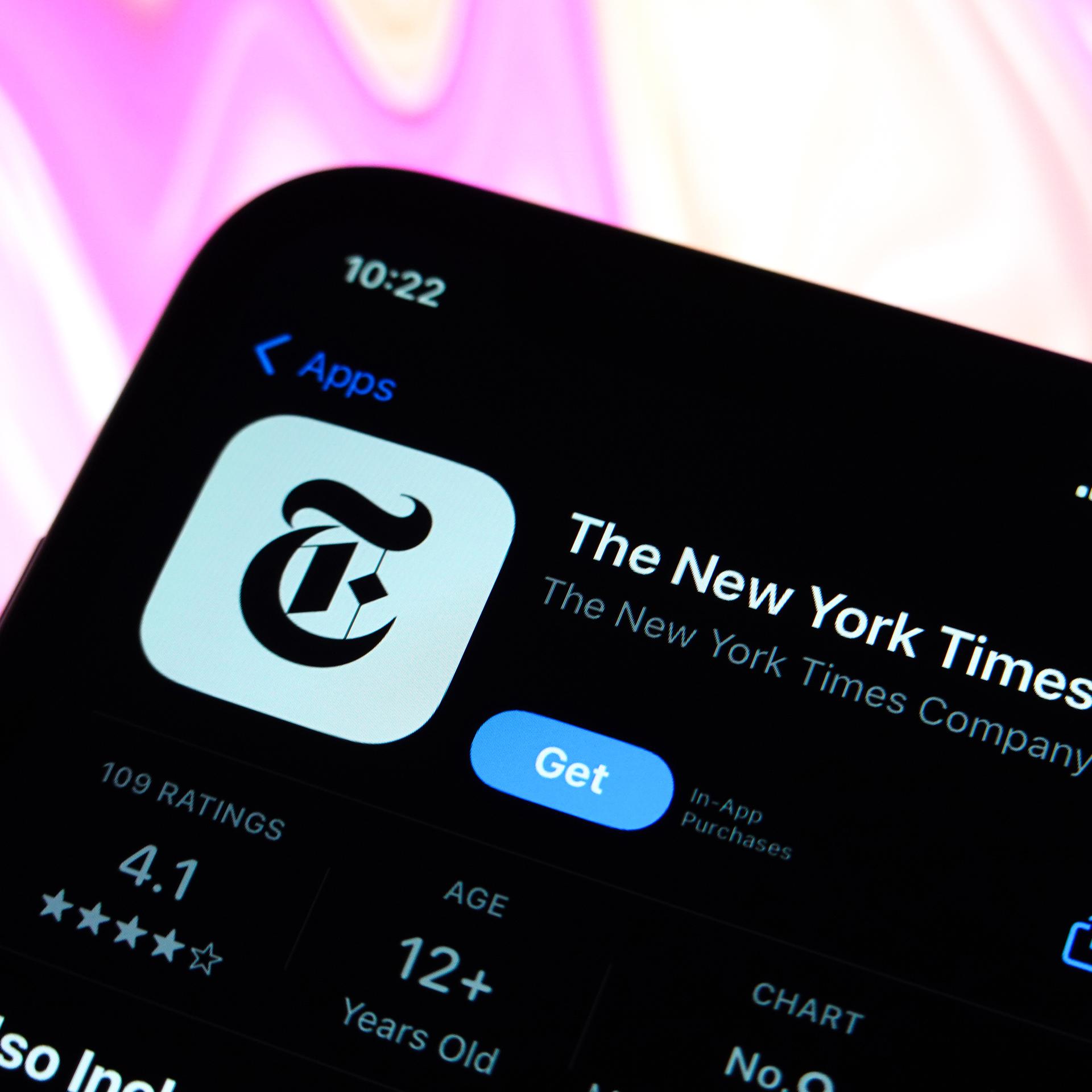 CHINA - 2024/04/19: In this photo illustration, the New York Times logo is displayed in the Apple Store on an iPhone. (Photo Illustration by Sheldon Cooper/SOPA Images/LightRocket via Getty Images)