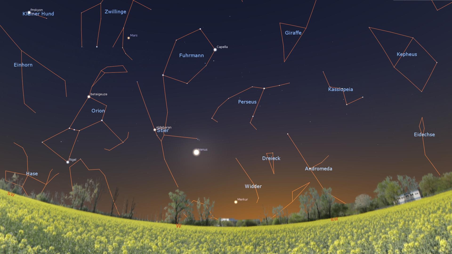 Der Planet Merkur zeigt sich in den nächsten knapp zwei Wochen rechts unterhalb der strahlend hellen Venus. Das Bild zeigt die Stellung vom 8. April gezeigt.