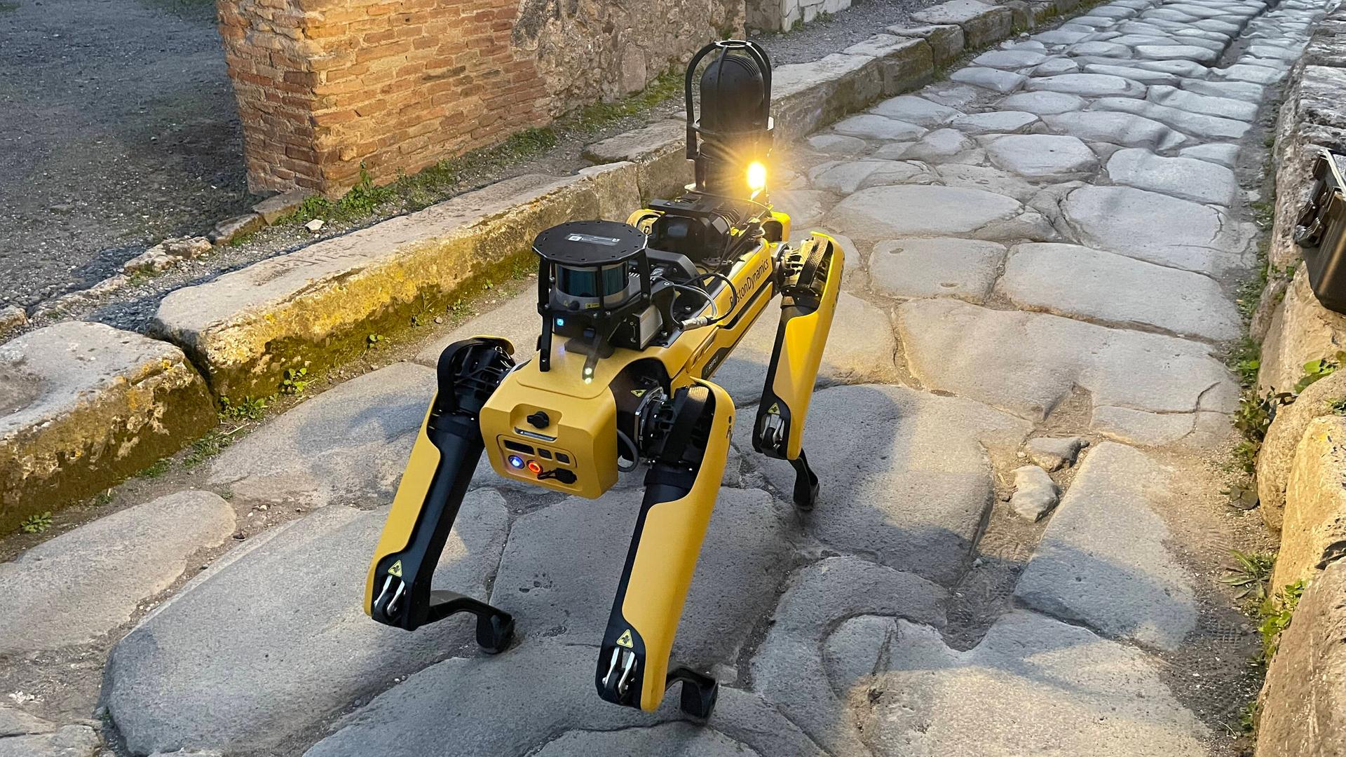 Der gelbe Roboterhund "Spot" auf seinem Weg durch Pompeji - er sieht aus wie eine metallene Mischung zwischen Hund und Insekt. Der gelbe Roboterhund "Spot" auf seinem Weg durch Pompeji - er sieht aus wie eine metallene Mischung zwischen Hund und Insekt.