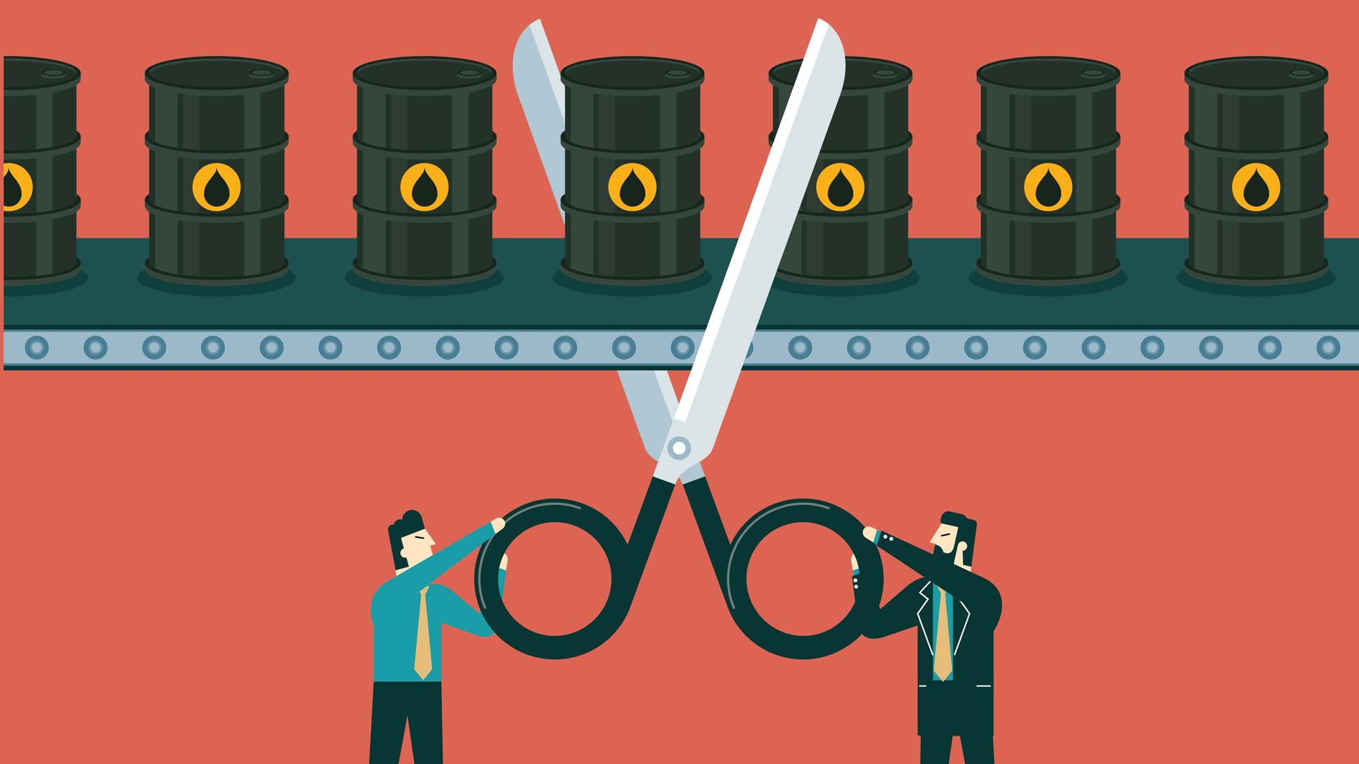Illustration zweier Männer, die mit einer überdimensional großen Schere ein Fließband mit darauf stehenden Ölfässern durchschneiden.