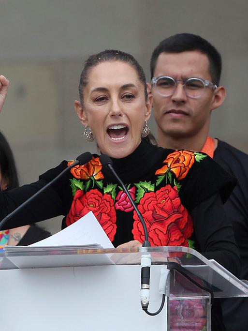 Former Mayor Claudia Sheinbaum speaks during a closing campaign rally for her presidential candidate bid to represent the ruling MORENA party, in Mexico City, Saturday, Aug. 26, 2023. Pre-candidates are holding campaign closers in primary contests to see who will compete in Mexico's 2024 general election. (AP Photo/Ginnette Riquelme)