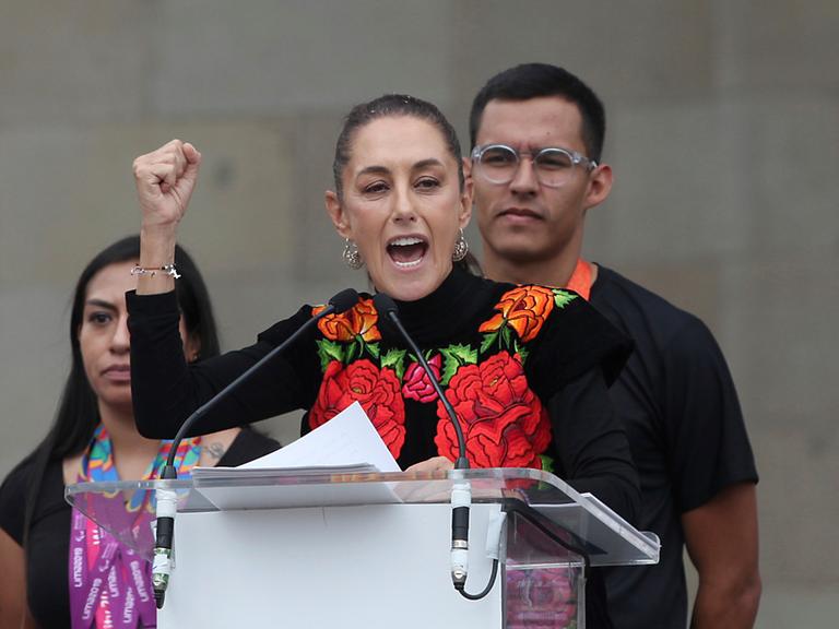 Former Mayor Claudia Sheinbaum speaks during a closing campaign rally for her presidential candidate bid to represent the ruling MORENA party, in Mexico City, Saturday, Aug. 26, 2023. Pre-candidates are holding campaign closers in primary contests to see who will compete in Mexico's 2024 general election. (AP Photo/Ginnette Riquelme)