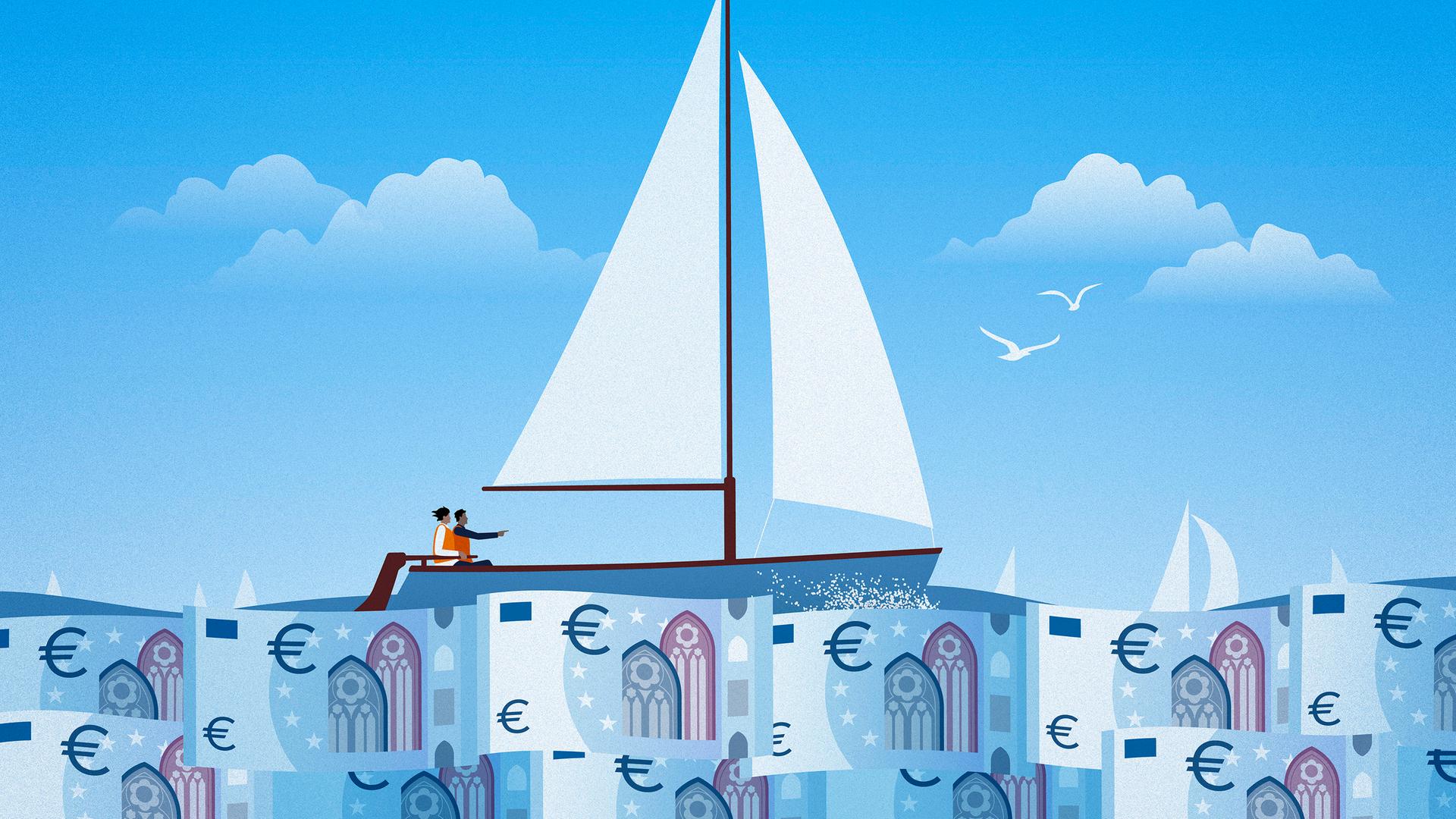 Illustration: Ein Paar segelt auf ruhiger blauer See aus Euro-Scheinen.