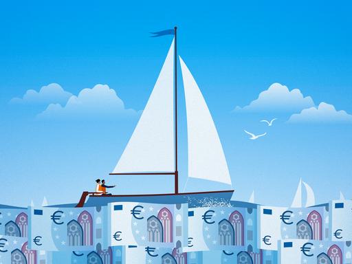 Illustration: Ein Paar segelt auf ruhiger blauer See aus Euro-Scheinen.