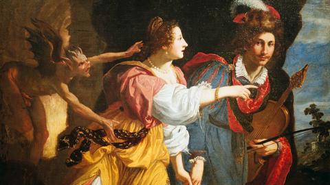 Das Gemälde "Orpheus und Eurydike" von Jacopo Vignali zeigt ein Paar und eine Teufelsgestalt in bunten Ölfarben.