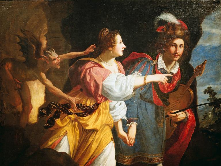 Das Gemälde "Orpheus und Eurydike" von Jacopo Vignali zeigt ein Paar und eine Teufelsgestalt in bunten Ölfarben.