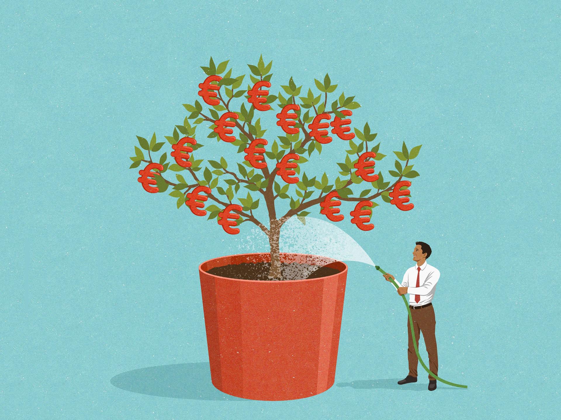 Illustration: Glücklicher Geschäftsmann gieﬂt einen Baum mit Euronoten als Blattwerk. 