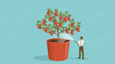 Illustration: Glücklicher Geschäftsmann gieflt einen Baum mit Euronoten als Blattwerk. Illustration: Glücklicher Geschäftsmann gieflt einen Baum mit Euronoten als Blattwerk.