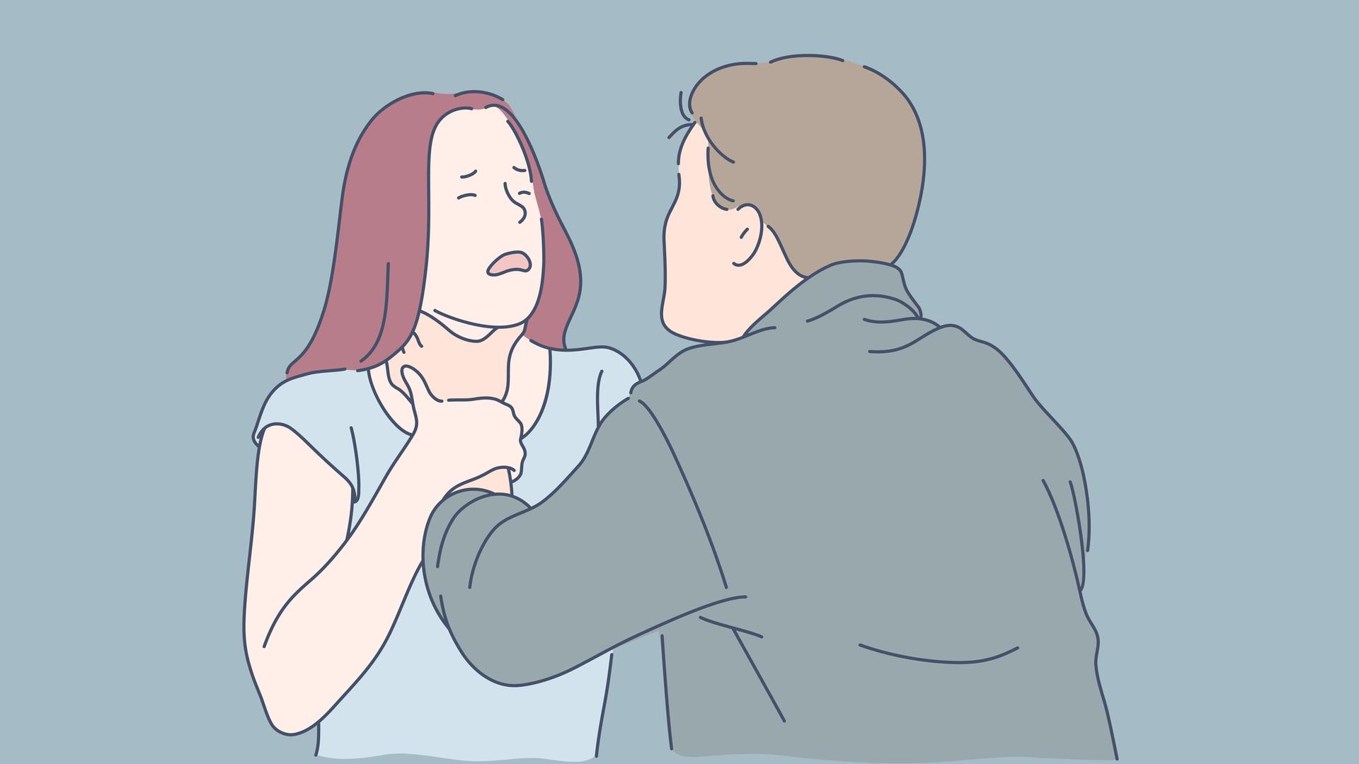 Ein gemaltes Bild: Ein Mann würgt eine Frau mit einer Hand von vorne Ein gemaltes Bild: Ein Mann würgt eine Frau mit einer Hand von vorne