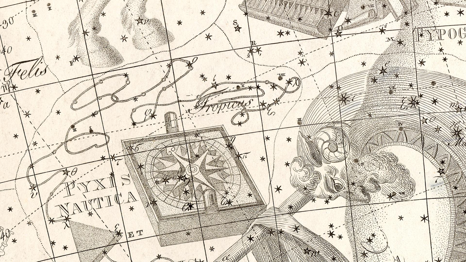 Die Sternbilder Kompass (Pyxis Nautica) und Log (Lochium Funis) im Himmelsatlas Uranographia aus dem Jahr 1801 Die Sternbilder Kompass (Pyxis Nautica) und Log (Lochium Funis) im Himmelsatlas Uranographia aus dem Jahr 1801