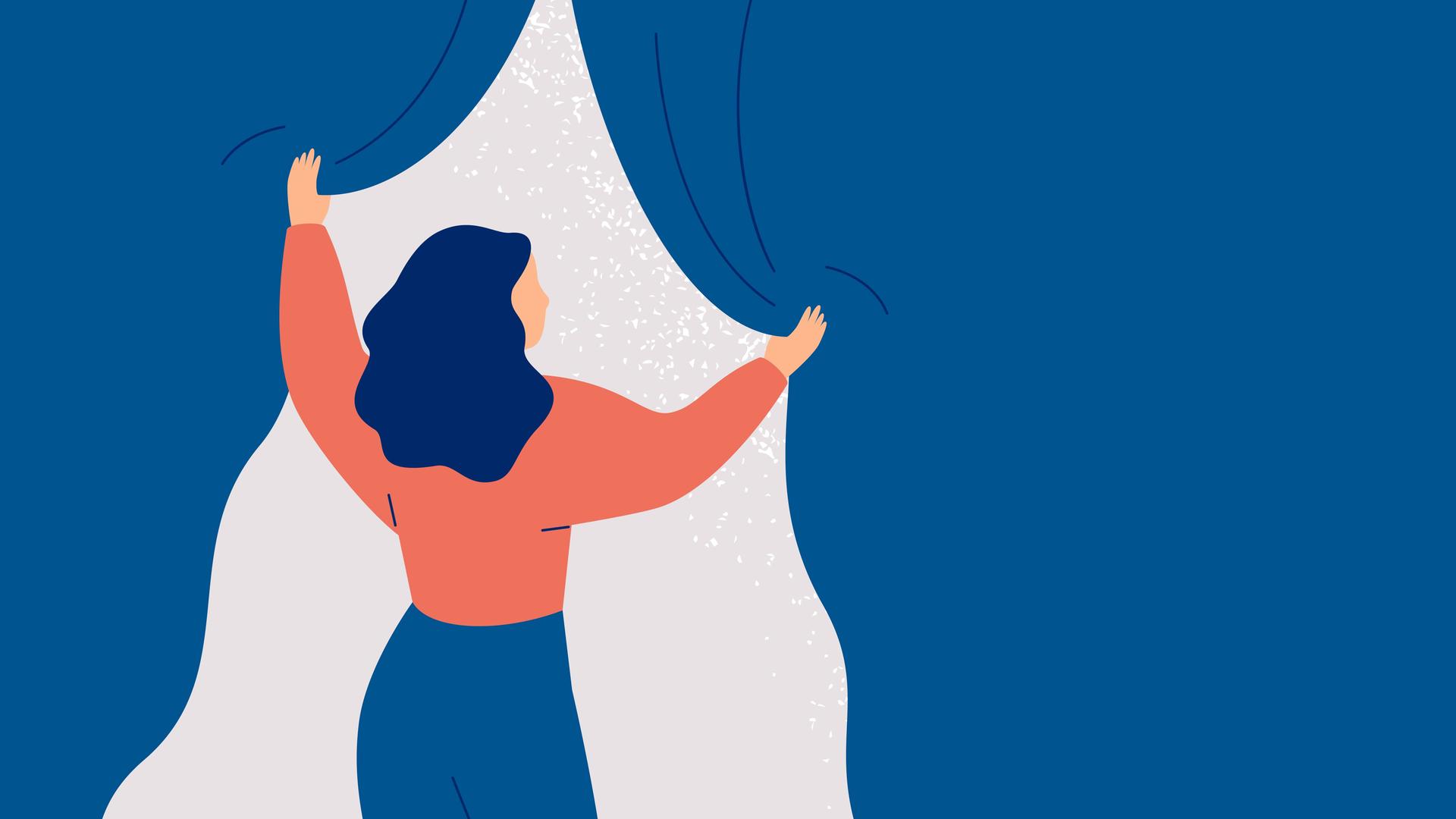Illustration einer Frau, die einen dunklen Vorhang öffnet und dahinter Licht sieht. Illustration einer Frau, die einen dunklen Vorhang öffnet und dahinter Licht sieht.