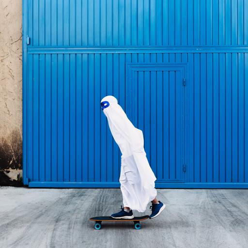 Ein Kind in einem Gespensterkostüm mit blauer Maske um die Augen fährt auf einem Skateboard an einem blauen Tor vorbei.