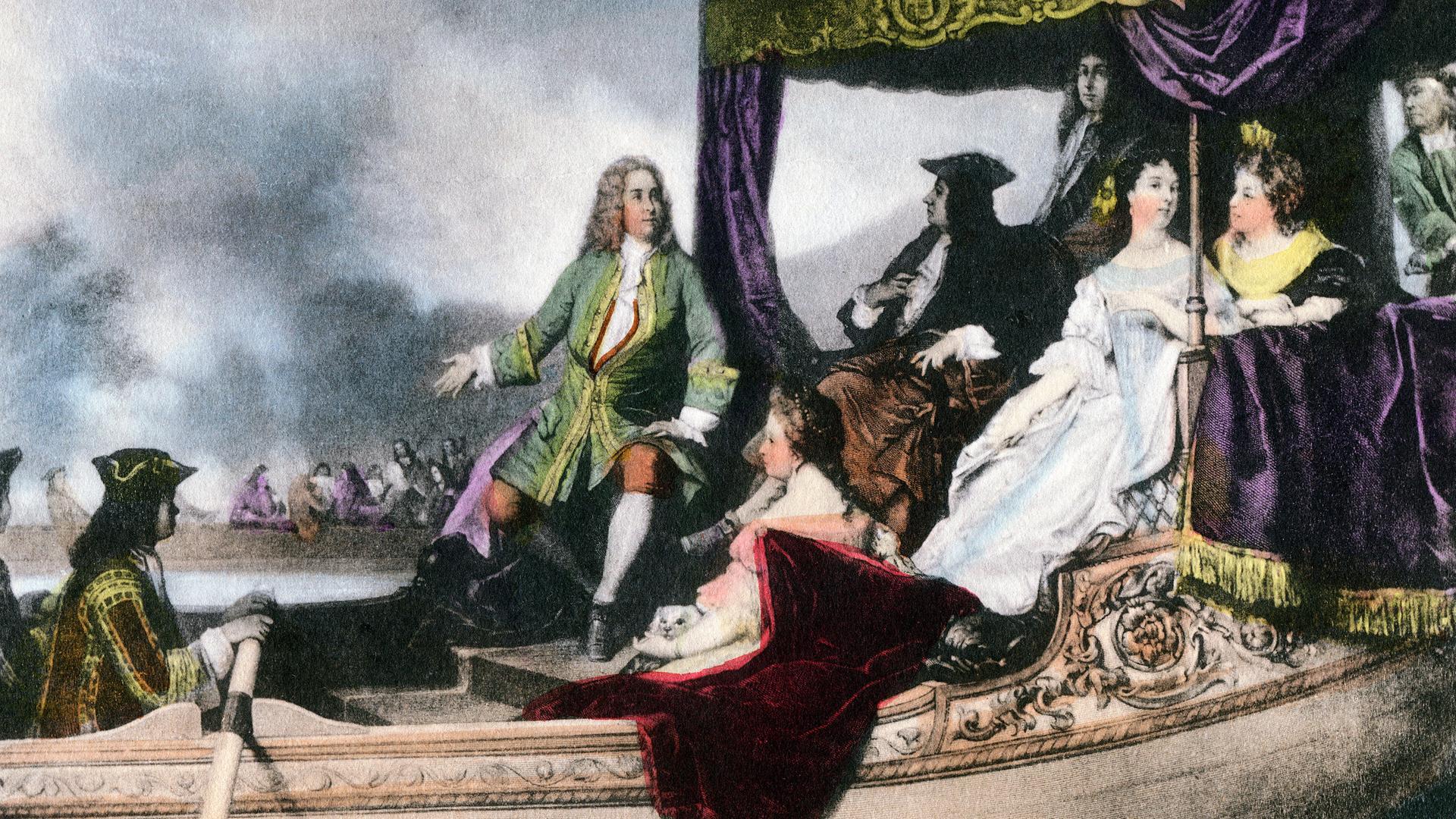 Eine historische Illustration zeigt ein barkenartiges Schiff mit dem britischen Hofstaat um 1715. Im Zentrum des Bildes: Der Komponist Georg Friedrich Händel und der britische König George I.. Eine historische Illustration zeigt ein barkenartiges Schiff mit dem britischen Hofstaat um 1715. Im Zentrum des Bildes: Der Komponist Georg Friedrich Händel und der britische König George I..